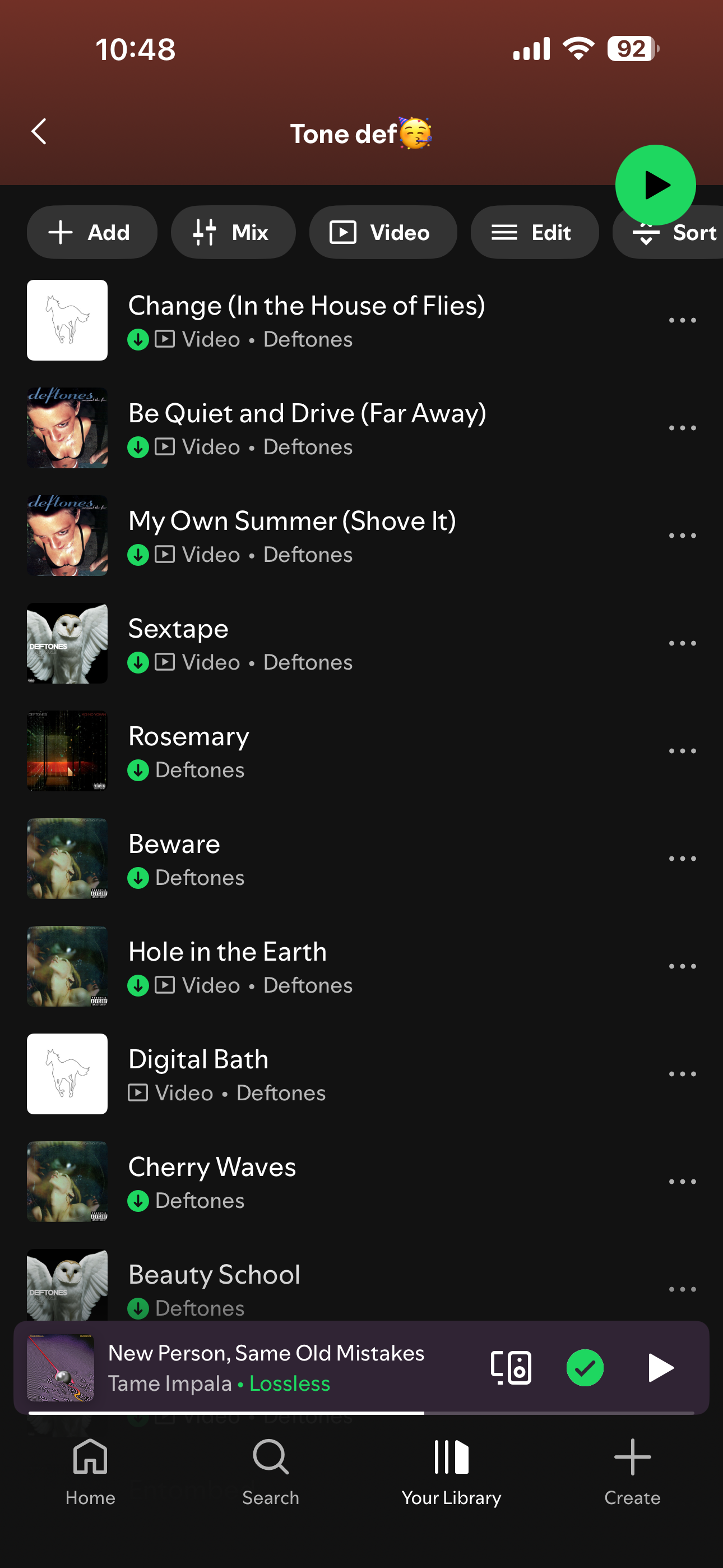Screenshot of my Deftones playlist